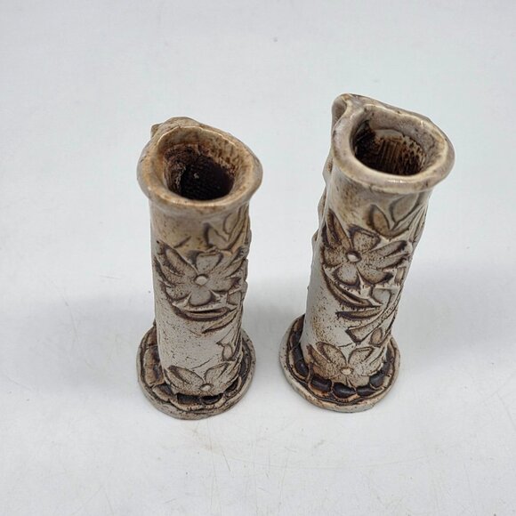 Vintage Signed Carved Ceramic Bud Vase Pressed Flower Design 4.5" Glazed Top - Picture 2 of 8